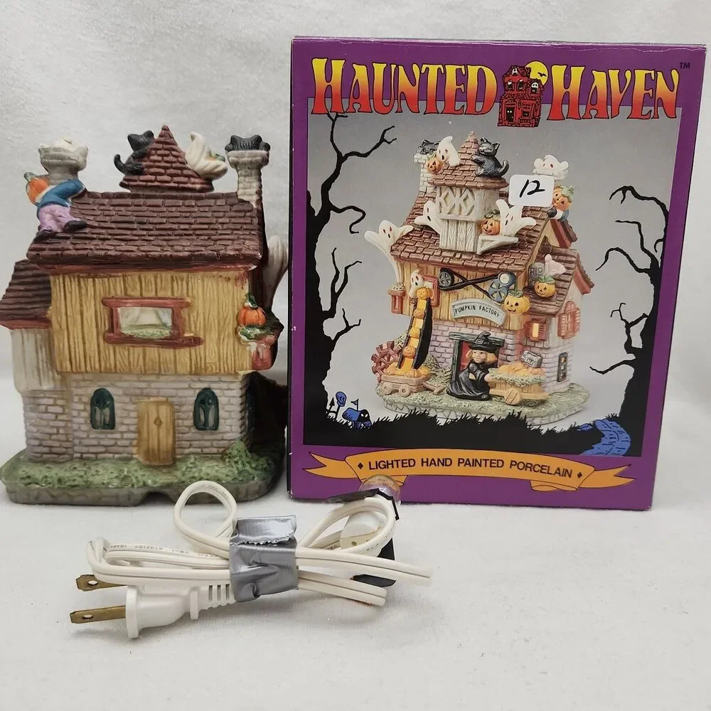 House Pumpkin Factory Lighted Porcelain Haunted Haven Witch Ghost Cat Four Star